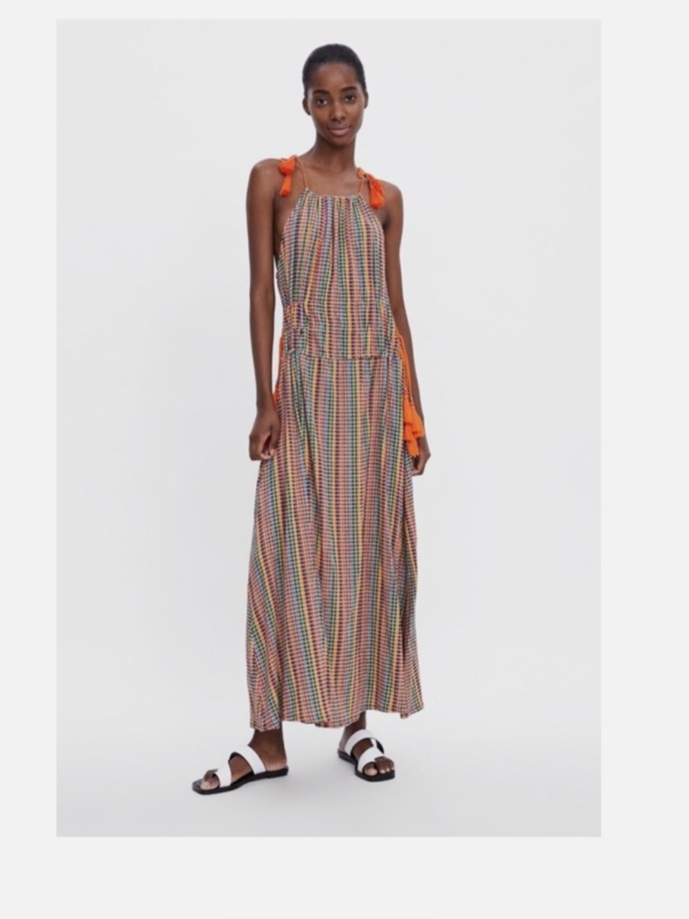 Zara Multicolor Striped Maxi Dress with Orange Tie Straps Beautiful 🤩
